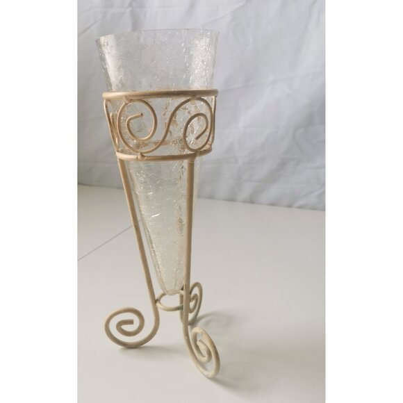 Crackle Glass Vase in a Metal Frame Vintage - Picture 2 of 7